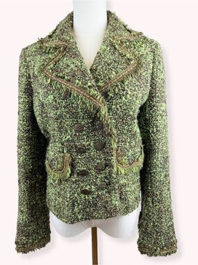 Cynthia Steffe Vintage Green Tweed Fringe Blazer Jacket